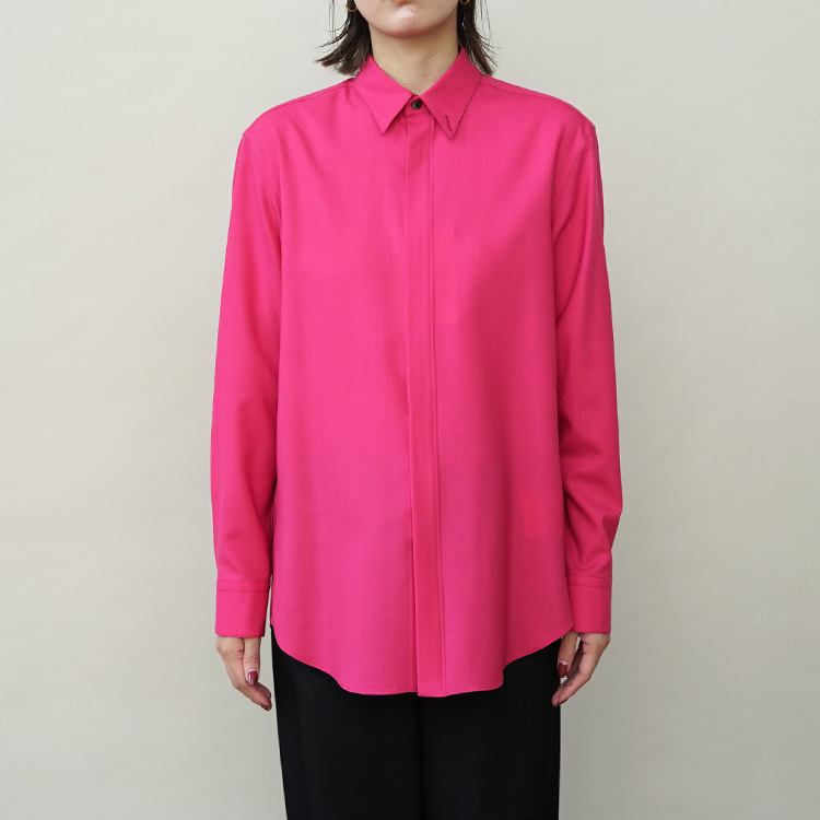 DROPPED SHOULDER TOP WITH SHIRT COLLAR IN WOOL SHIRTHING / FUCHSIA