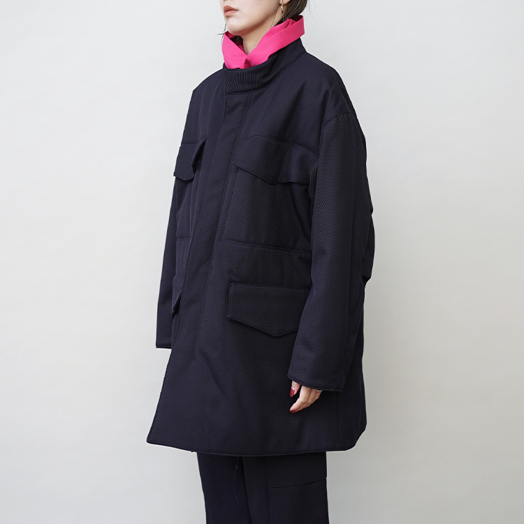 DROPPED SHOULDER PUFFER WITH STAND COLLAR IN WOOL KERSEY / INK