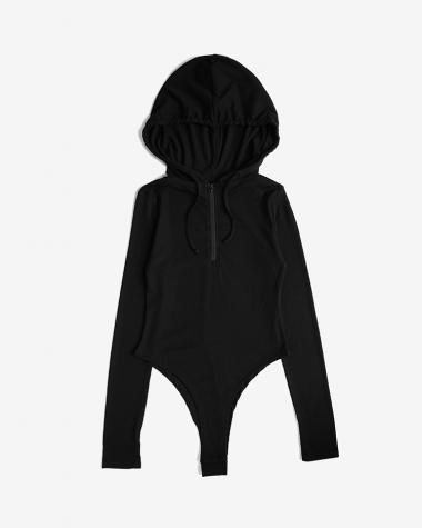  / Hood Rib Half Zip Bodysuit / BLACK